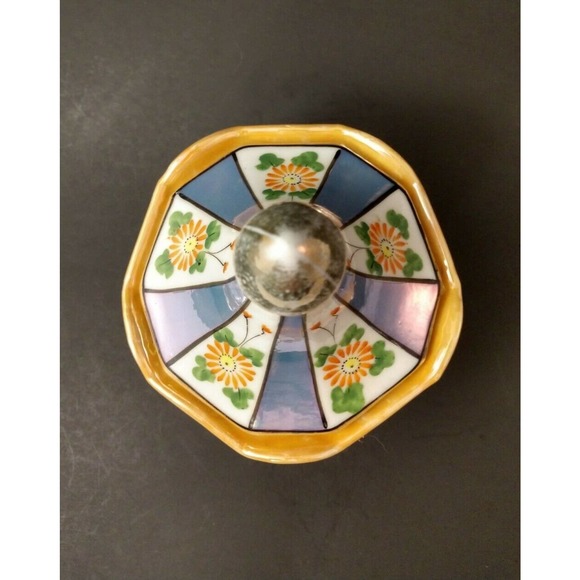 Vintage Lusterware Covered Candy Dish Peach Blue Gold Ceramic Porcelain Painted - Picture 3 of 10